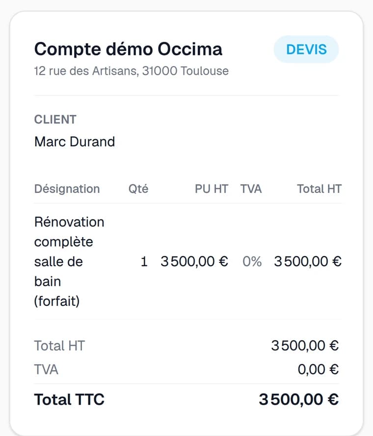 Le devis généré pour Marc Durand, 3 500 € HT, TVA 0 %